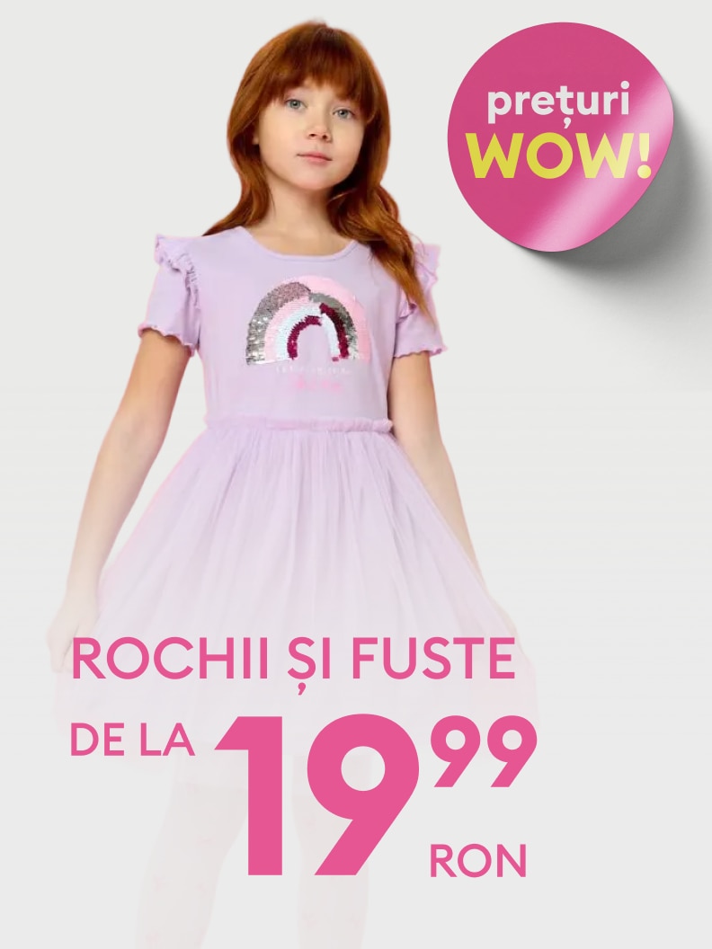 Promovează o ofertă de îmbrăcăminte pentru copii, evidențiind rochii și fuste disponibile la prețuri speciale.