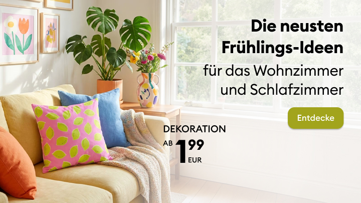 Werbebanner mit Inspirationen für Frühlingsdekoration im Wohn‑ und Schlafzimmer, lädt zum Entdecken neuer Dekoideen ein und informiert über ein Einstiegsangebot ab 1,99 EUR.