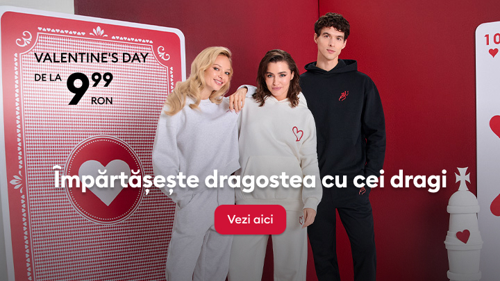 Oferte speciale pentru Ziua Îndrăgostiților, începând de la 9,99 RON. Mesajul invită să împărtășești dragostea cu cei dragi. Descoperă mai multe detalii, apăsând butonul „Vezi aici”. Ideal pentru cei care doresc să celebreze afecțiunea într-un mod special.