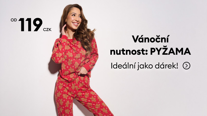 Vánoční pyžama od 119 CZK. Ideální tip na dárek pro každého. Komfortní oblečení pro sváteční chvíle, které potěší nejen svou praktičností, ale i sezónním designem. Popis produktu zdůrazňuje jeho cenovou dostupnost a využití během vánočního období. banner