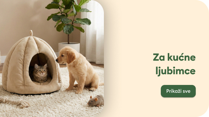 Promocija proizvoda za kućne ljubimce koja naglašava udobnost, sigurnost i zajednički boravak psa i mačke u domu.