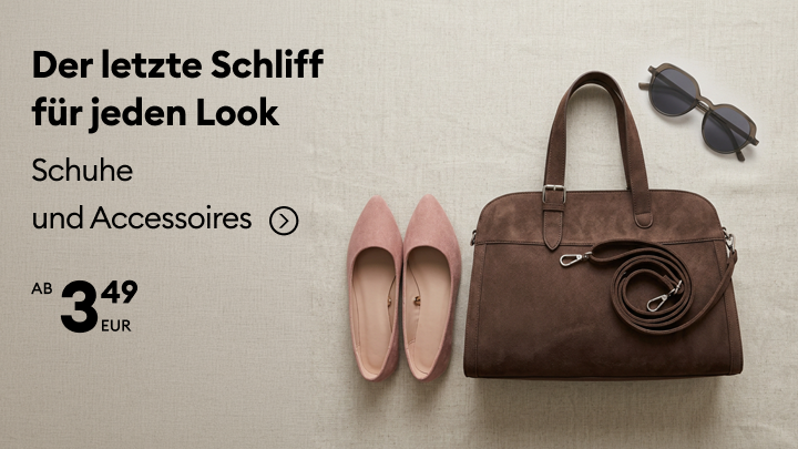 Werbebanner für Schuhe und Accessoires als stilvolle Ergänzung für jedes Outfit, mit einem Einstiegsangebot ab 3,49 EUR.