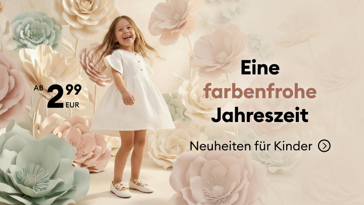 Werbebanner zur Bewerbung neuer Kinderbekleidung für die Saison mit Hinweis auf einen günstigen Einstiegspreis ab 2,99 Euro.