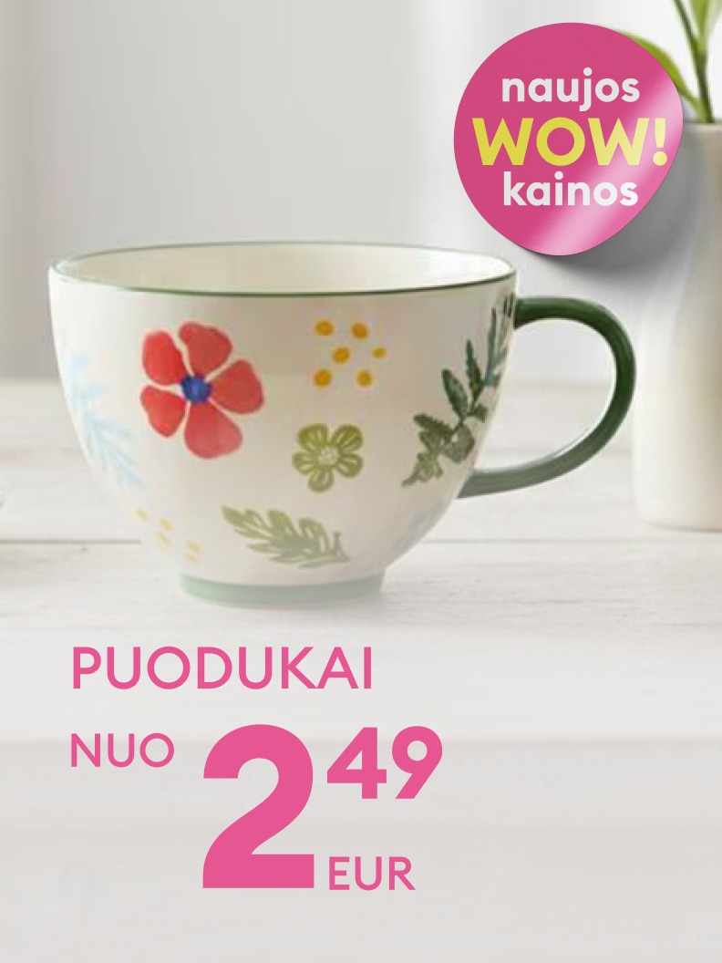 Reklaminė žinutė apie puodelių pasiūlymą su itin žemomis kainomis, kviečianti įsigyti kasdieniam naudojimui nuo 2,49 €.
