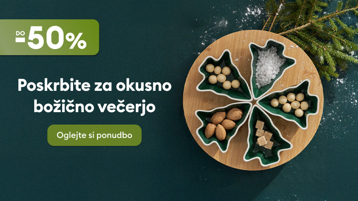 Do 50% popusta na izdelke za pripravo okusne božične večerje. Na sliki je okrasni servirni krožnik v obliki božičnih drevesc, napolnjen z oreščki, soljo in sladkorjem. Kliknite na ponudbo in poskrbite za čarobno praznično vzdušje.