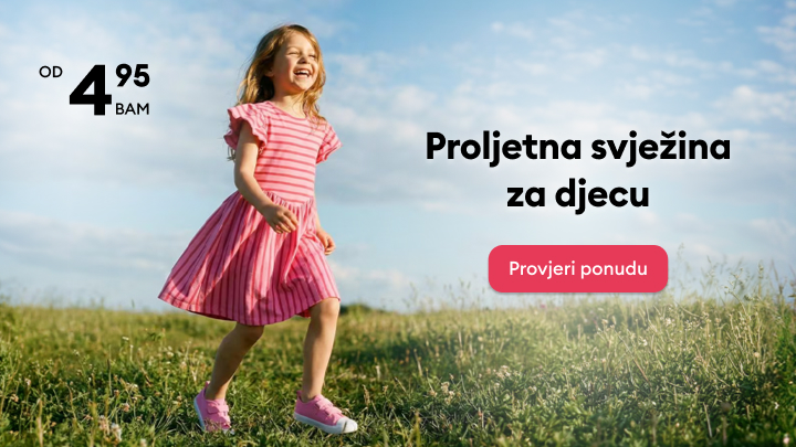 Promocija proljetne odjeće za djecu s povoljnom početnom cijenom, namijenjena poticanju pregleda i kupovine sezonske ponude.