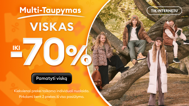 Reklama „Multi-Taupymas“ siūlo nuolaidas iki 70% internetinėse pardavimuose. Perkant bent 2 prekes, taikoma speciali pasiūlymo sąlyga. Kvietimas apžiūrėti viską paspaudus mygtuką „Pamatyti viską“. Nuolaidos taikomos kiekvienai prekei individualiai. banner