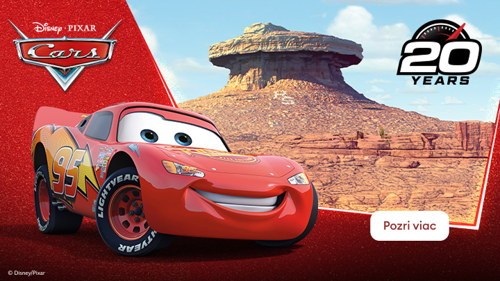 Propagačný banner k 20. výročiu Disney Pixar Cars, predstavujúci postavu Lightning McQueen a pozývajúci používateľa preskúmať súvisiaci obsah alebo produkty.