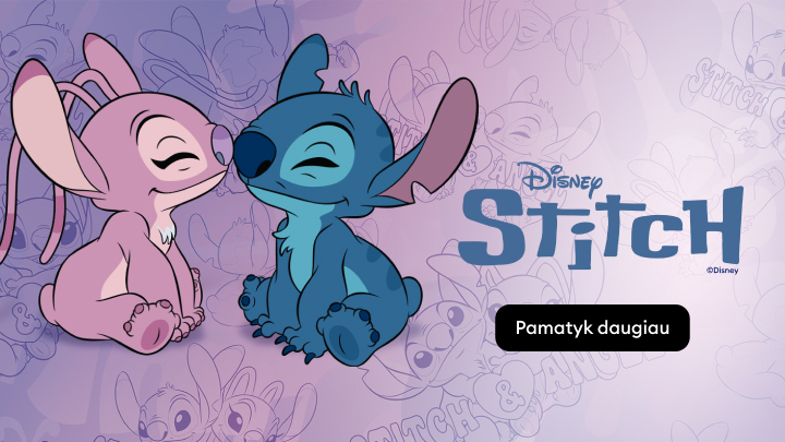 Reklaminė Disney Stitch tematikos iliustracija su Stitch ir Angel personažais, skirta pristatyti prekės ženklo turinį ir paskatinti naudotoją sužinoti daugiau.