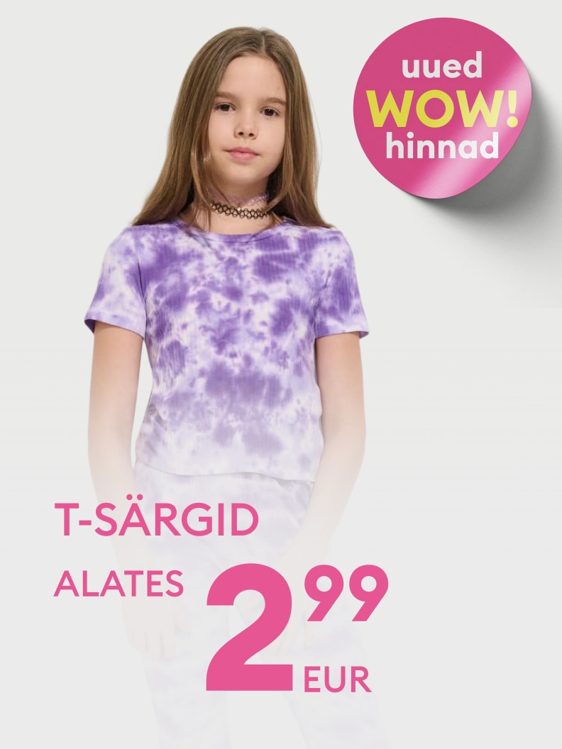 Laste T-särkide sooduspakkumine, mis teavitab uutest eriti madalatest hindadest alates 2,99 eurost.