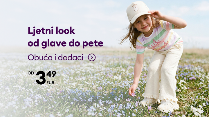 Promocija ljetne dječje kombinacije s obućom i dodacima, namijenjena poticanju kupnje cjelovitog outfita po pristupačnoj cijeni.