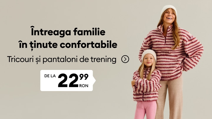 Promoție la haine confortabile pentru întreaga familie, inclusiv tricouri și pantaloni de trening la preț redus pentru adulți și copii