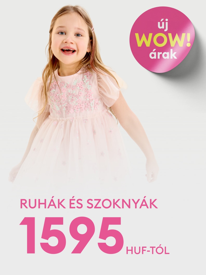 Gyermek ruhák és szoknyák akciója, új kedvező árakkal, már 1595 forinttól, vásárlásra ösztönző promóció.