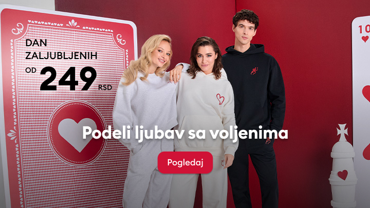 Proslava Dana zaljubljenih uz posebnu ponudu od 249 RSD. Poruka „Podeli ljubav sa voljenima" poziva na deljenje emocija i radosti. Dostupna opcija „Pogledaj“ omogućava pregled detalja o ovoj romantičnoj kampanji.
