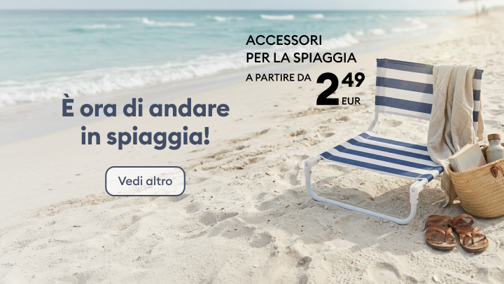 Promozione stagionale che invita a prepararsi alla spiaggia, evidenziando accessori disponibili con prezzi a partire da 2,49 EUR e incoraggiando a esplorare l’offerta.