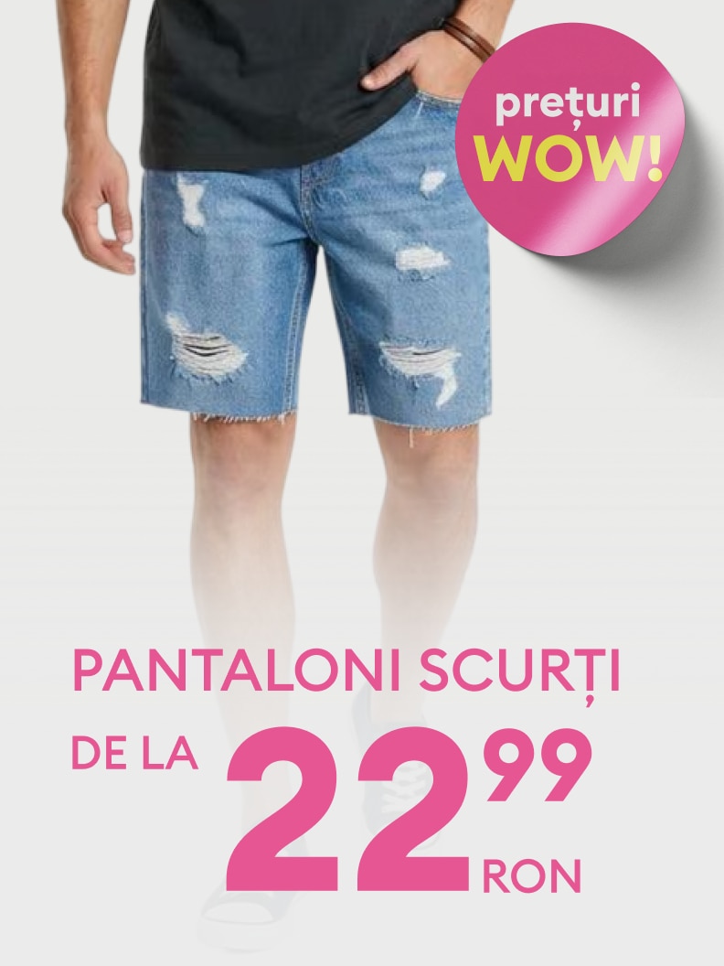 Promovare pentru pantaloni scurți din denim pentru bărbați, evidențiind o ofertă specială cu preț redus.