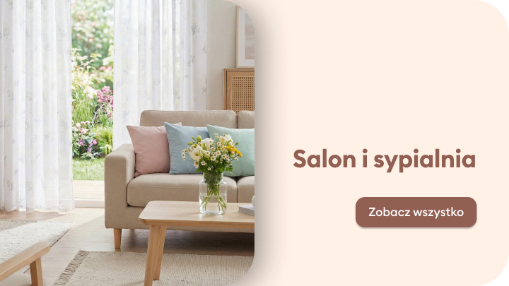 Baner promujący ofertę wyposażenia i aranżacji salonu oraz sypialni, zachęcający do przejścia do pełnej oferty produktów.