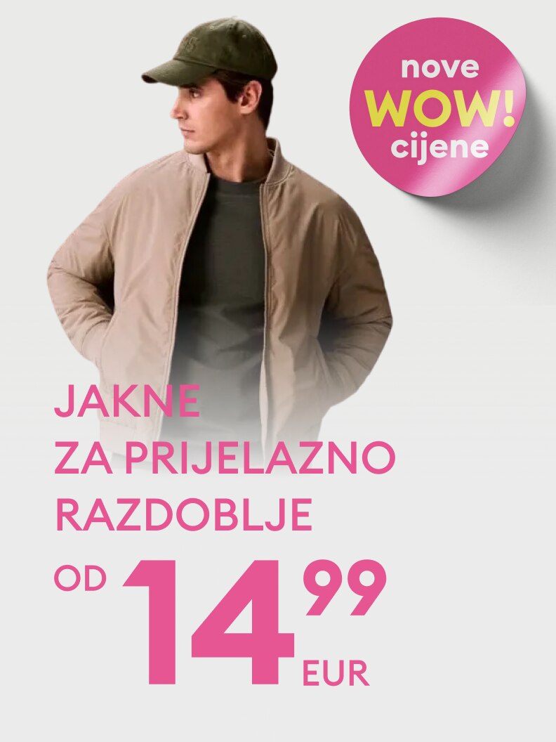 Promotivna ponuda muških jakni za prijelazno razdoblje, namijenjena isticanju nove akcije i povoljne kupnje sezonske odjeće.