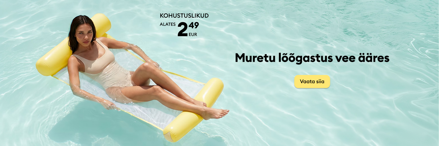 Naine lõõgastub vees täispuhutaval madratsil, reklaamides suviseid veeäärseid puhketooteid ja kohustuslikke tarvikuid soodushinnaga