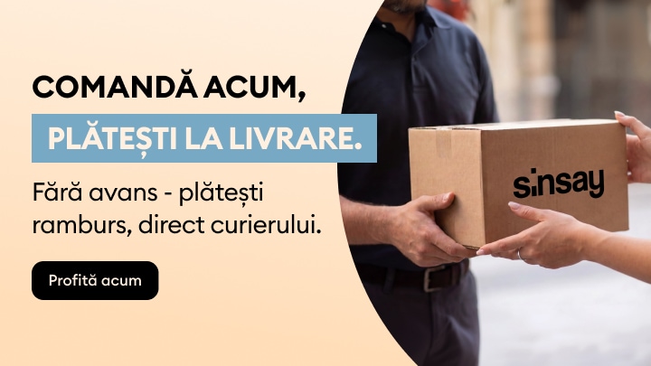 Promovare Sinsay pentru plata ramburs la livrare, cu predarea coletului de către curier către client.