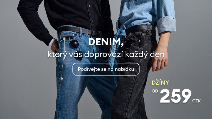Propagační banner e‑shopu upozorňující na nabídku džínů pro každodenní nošení a vyzývající k prohlédnutí sortimentu.