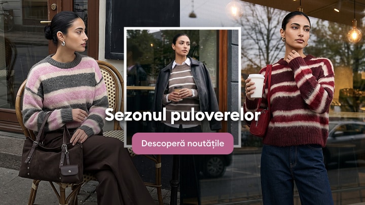 Promovare pentru colecția de pulovere de sezon, cu modele casual și elegante pentru ținute de toamnă și iarnă.