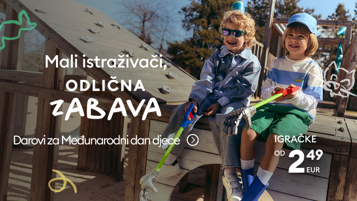 Promotivni sadržaj koji potiče kupnju dječjih igračaka kao poklona za Međunarodni dan djece, naglašava zabavu, istraživanje i povoljne cijene.