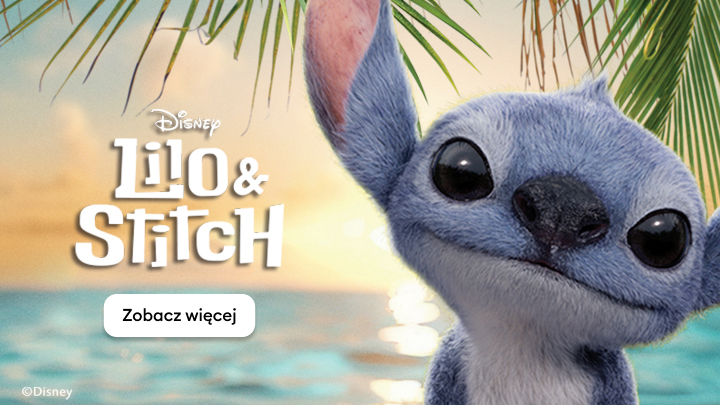 Znajduje się tutaj postać Stitcha z filmu „Lilo & Stitch”. Stitch uśmiecha się, stojąc w tropikalnym krajobrazie z palmami i oceanem w tle. Obok widnieje tytuł filmu i opcja „Zobacz więcej”.