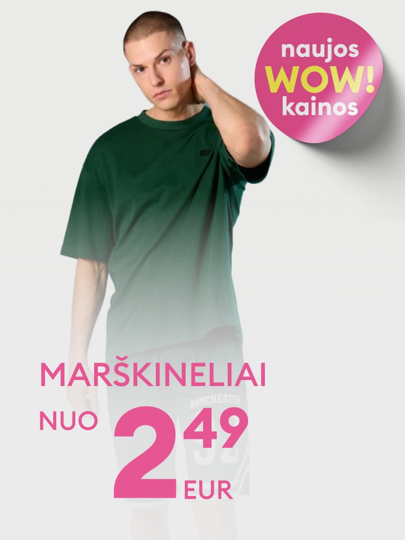 Reklaminis vaizdas, informuojantis apie marškinėlių išpardavimą su itin žemomis kainomis, skirtas paskatinti vartotoją susipažinti su naujais pasiūlymais ir įsigyti pigiau.