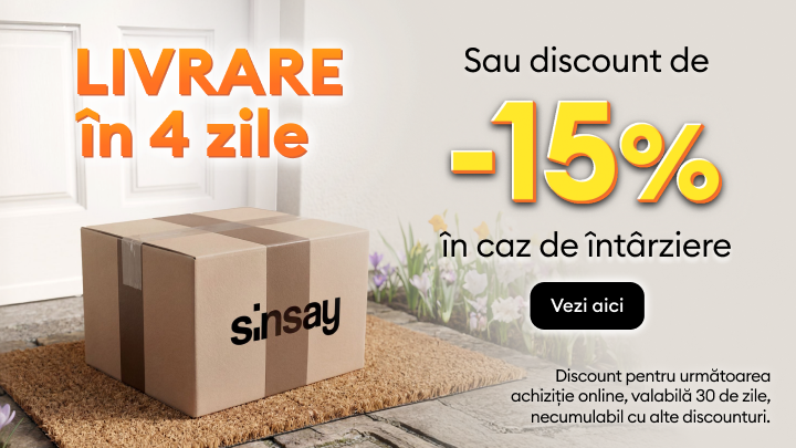 Promovare Sinsay privind livrarea rapidă: comandă livrată în maximum patru zile sau reducere de 15% oferită dacă livrarea întârzie, valabilă pentru o achiziție online ulterioară.