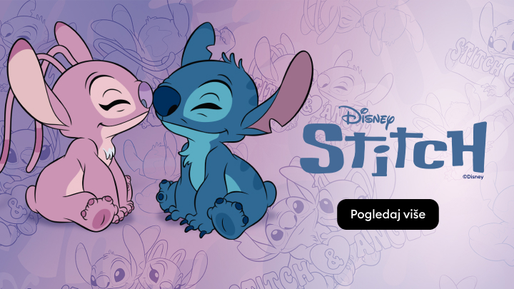 Promotivni vizual s animiranim likovima Stitch i Angel koji poziva korisnika da istraži Disney Stitch kolekciju ili sadržaj.