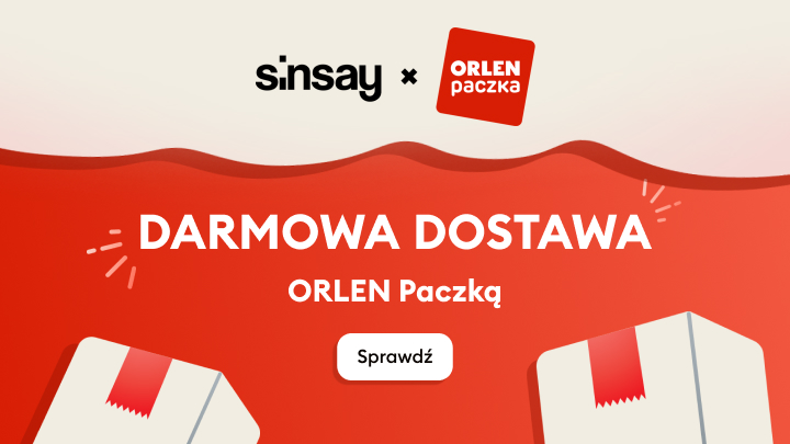 Promocja darmowej dostawy zamówień Sinsay do Orlen Paczka, zachęcająca do skorzystania z oferty.