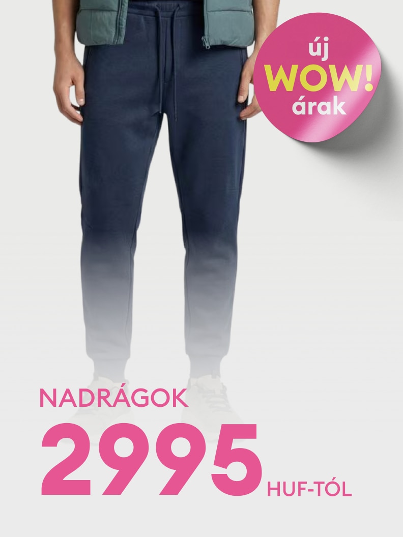 Férfi nadrágok akciós ajánlata, már 2995 forintos ártól, kedvezményes promóció hangsúlyozásával.