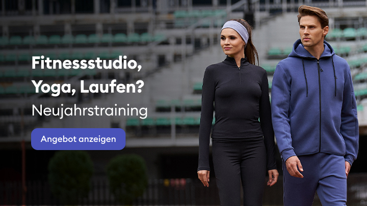 Fitnessstudio, Yoga oder Laufen? Die Werbung lädt zu Neujahrstraining ein, um fit und aktiv ins neue Jahr zu starten. Ein Button bietet die Möglichkeit, das Angebot anzuzeigen.
