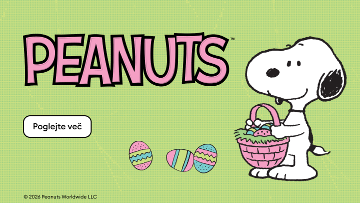 Promocijski banner za vsebine Peanuts z likom Snoopyja in velikonočnimi motivi, ki uporabnika vabi k ogledu dodatnih vsebin.