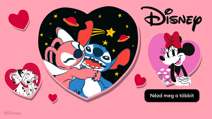 Disney kép szívecske alakú keretekkel. Lilo és Stitch karakterek bolygós háttér előtt, Minnie egér mosolyogva egy rózsaszín szívecskében, valamint 101 kiskutya illusztráció egy kisebb szívben. Nézd meg a Disney tartalmakat a szerelem és barátság jegyében!