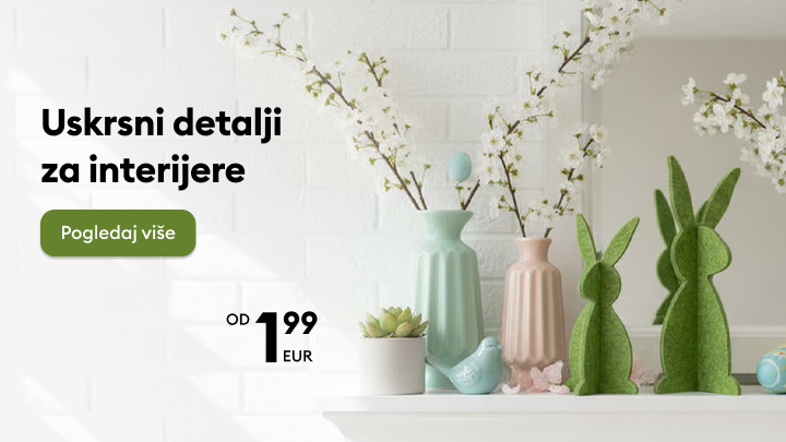 Promotivni prikaz uskrsnih dekoracija za uređenje interijera, namijenjen inspiriranju i poticanju korisnika na pregled ponude proizvoda.