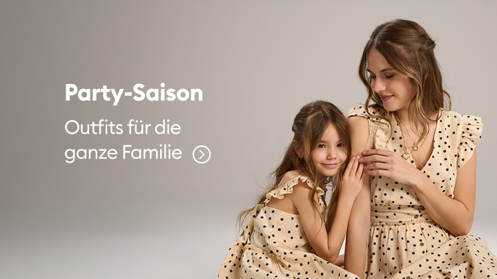 Werbebanner für festliche Familienoutfits zur Party-Saison, präsentiert abgestimmte Looks für Erwachsene und Kinder.