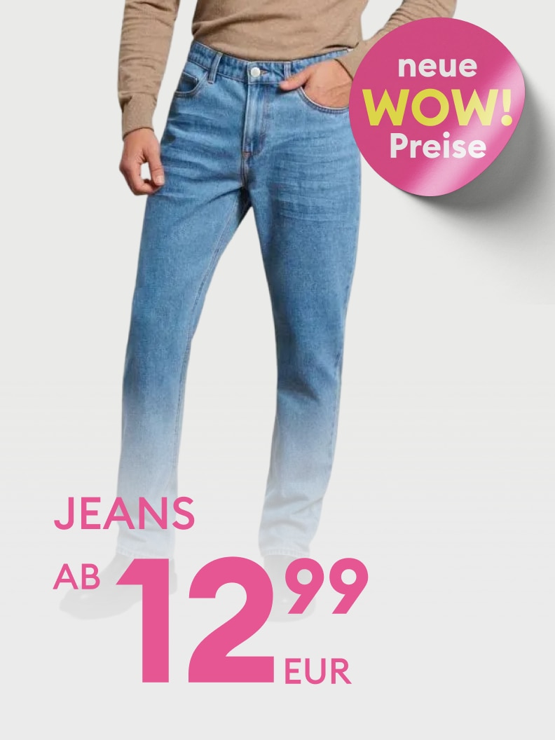 Werbebild zur Bewerbung von Jeans mit neuen Sonderpreisen, das auf ein attraktives Angebot hinweist und zum Kauf anregen soll.