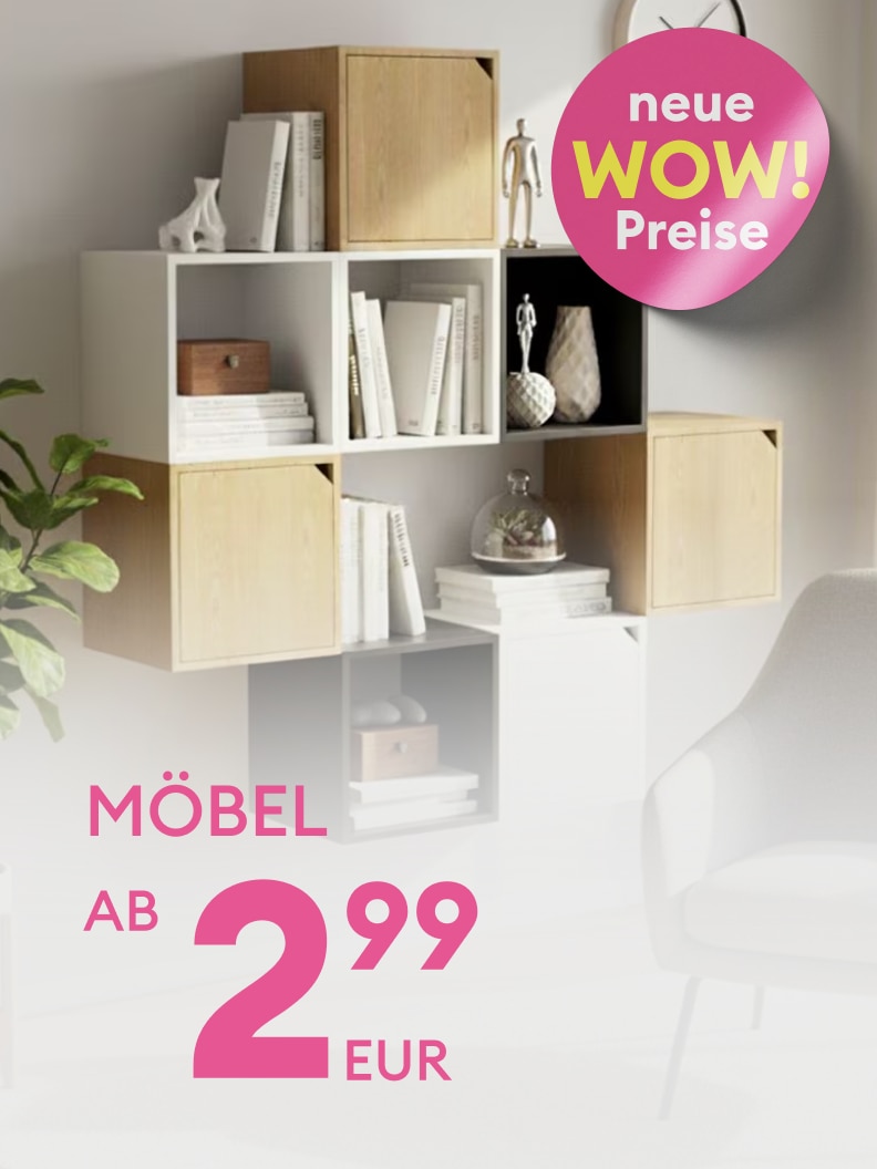 Werbliche Darstellung eines Möbelangebots mit neuen Aktionspreisen, das günstige Einrichtungslösungen bewirbt und auf einen Einstiegspreis ab 2,99 EUR hinweist.