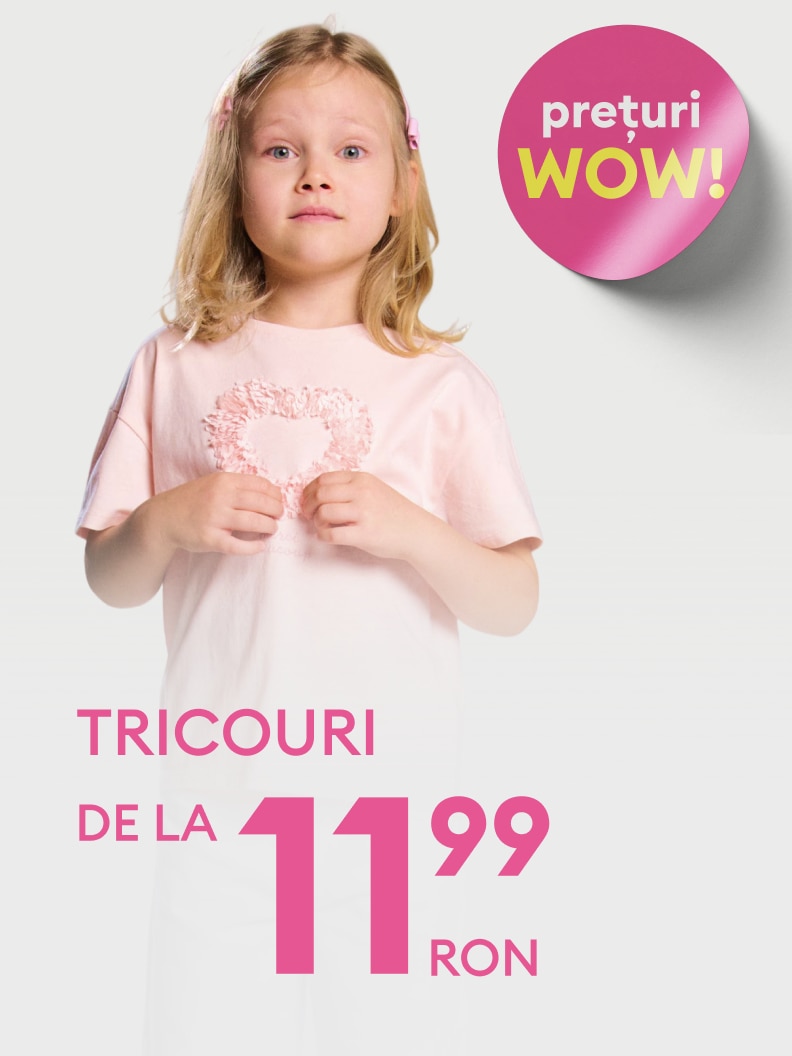 Promovare pentru tricouri de copii, evidențiind o ofertă cu prețuri avantajoase, disponibile de la 11,99 RON.