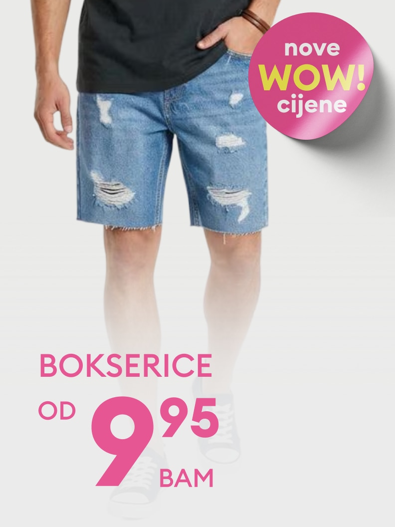 Promotivna ponuda muških teksas bokserica po sniženoj cijeni, uz isticanje novih WOW cijena i početne cijene od 9,95 BAM.