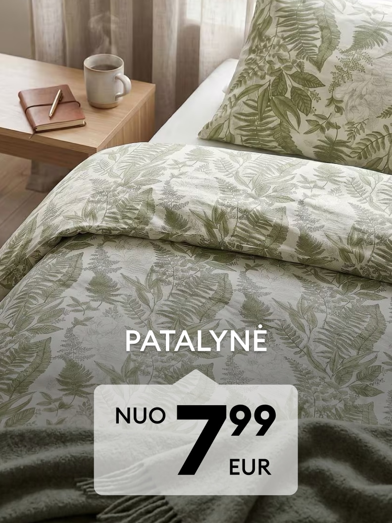 Patalynės komplekto su augalų raštais reklama, akcentuojanti jaukumą ir kainą nuo 7,99 EUR