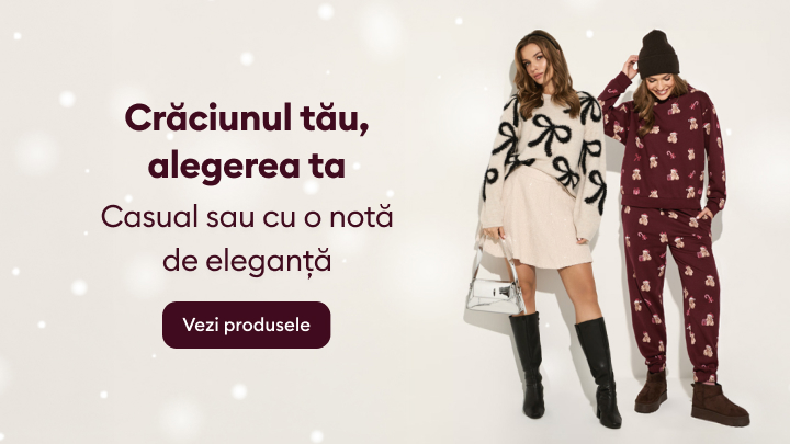 Crăciunul tău, alegerea ta – casual sau cu o notă de eleganță. Imaginea prezintă două ținute pentru sărbători: una elegantă cu rochie și cealaltă casual, potrivită pentru confort. Textul continuă cu invitația de a vedea produsele disponibile.
