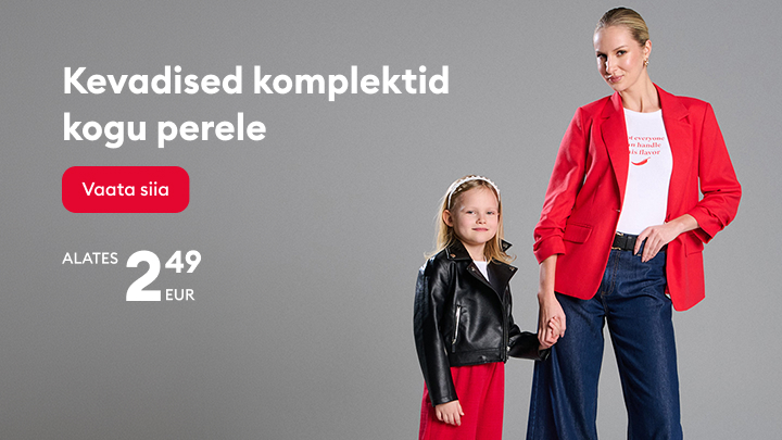 Reklaam, mis tutvustab kogu pere kevadisi rõivakomplekte ja suunab ostlema, rõhutades soodsat alghinda 2,49 €.