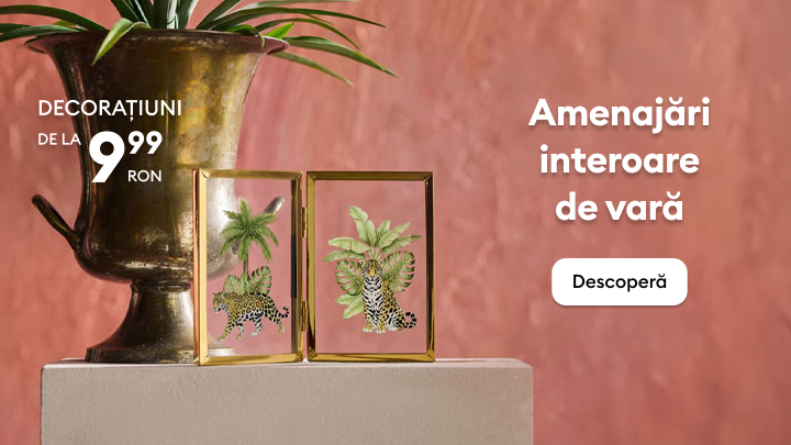 Promovare pentru amenajări interioare de vară, evidențiind decorațiuni accesibile și invitând utilizatorul să descopere oferta.