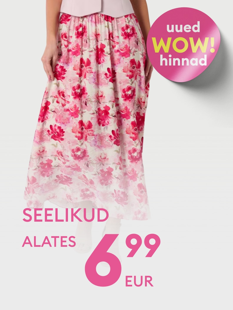 Reklaam naiste seelikutele, mis teavitab uuest sooduskampaaniast ja võimalusest osta seelikuid alates hinnast 6,99 eurot.