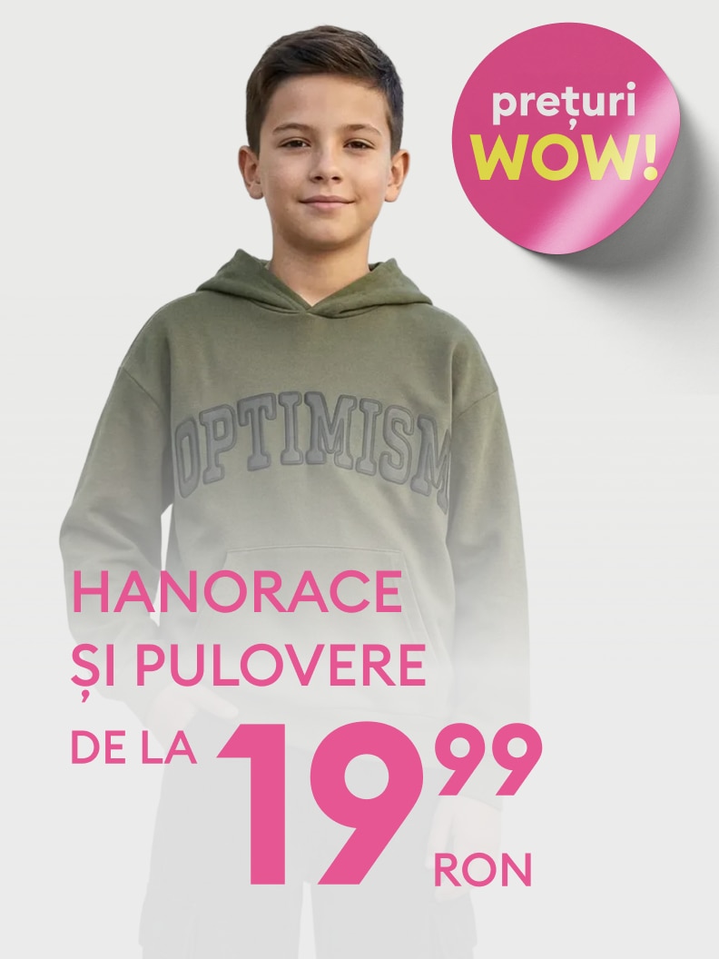 Promovare pentru hanorace și pulovere pentru copii, care comunică o ofertă avantajoasă cu prețuri reduse.