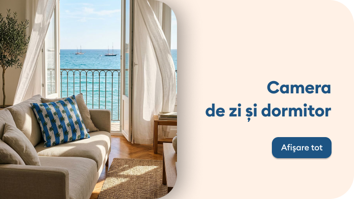 Inspirație pentru amenajarea camerei de zi și a dormitorului, sugerând un spațiu confortabil și relaxant pentru locuit și odihnă.