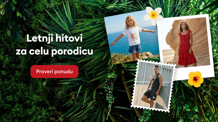 Promocija letnje modne ponude za celu porodicu, sa primerima odeće za decu i odrasle, uz poziv da se istraži aktuelna kolekcija.
